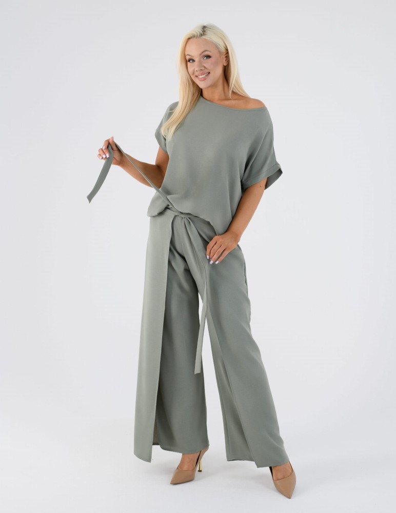 Modny komplet damski LEMA Marzena - modne spodnie damskie i bluzka w serek M-2XL