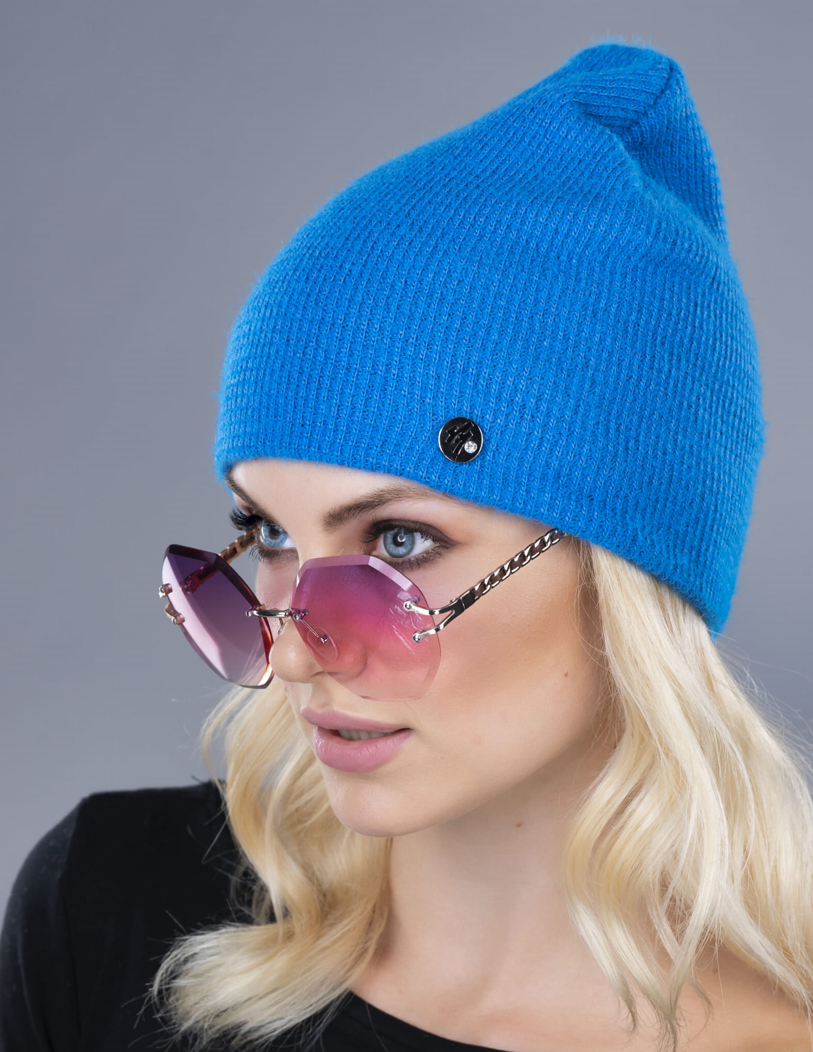 Alpakowa czapka Marlu typu krasnal - modna czapka w prążek bez pompona, czapki Marlu hurt, czapki z alpaki hurtownia czapek LEMA - niebieska