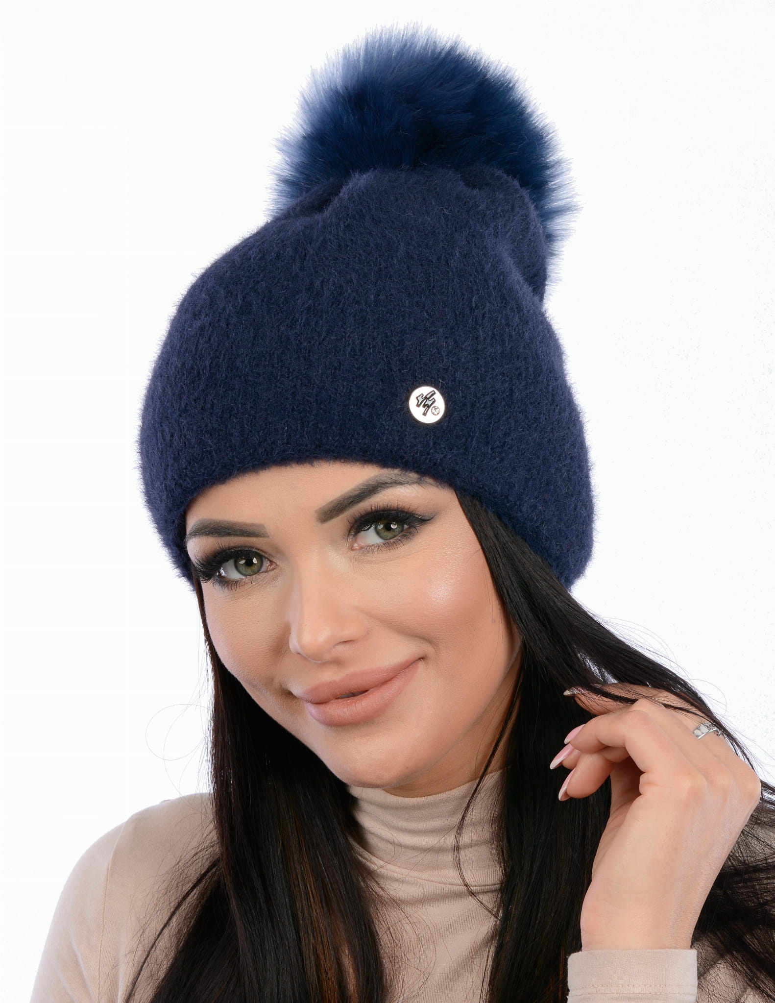 Czapka zimowa z alpaki MARLU z pomponem - granatowa